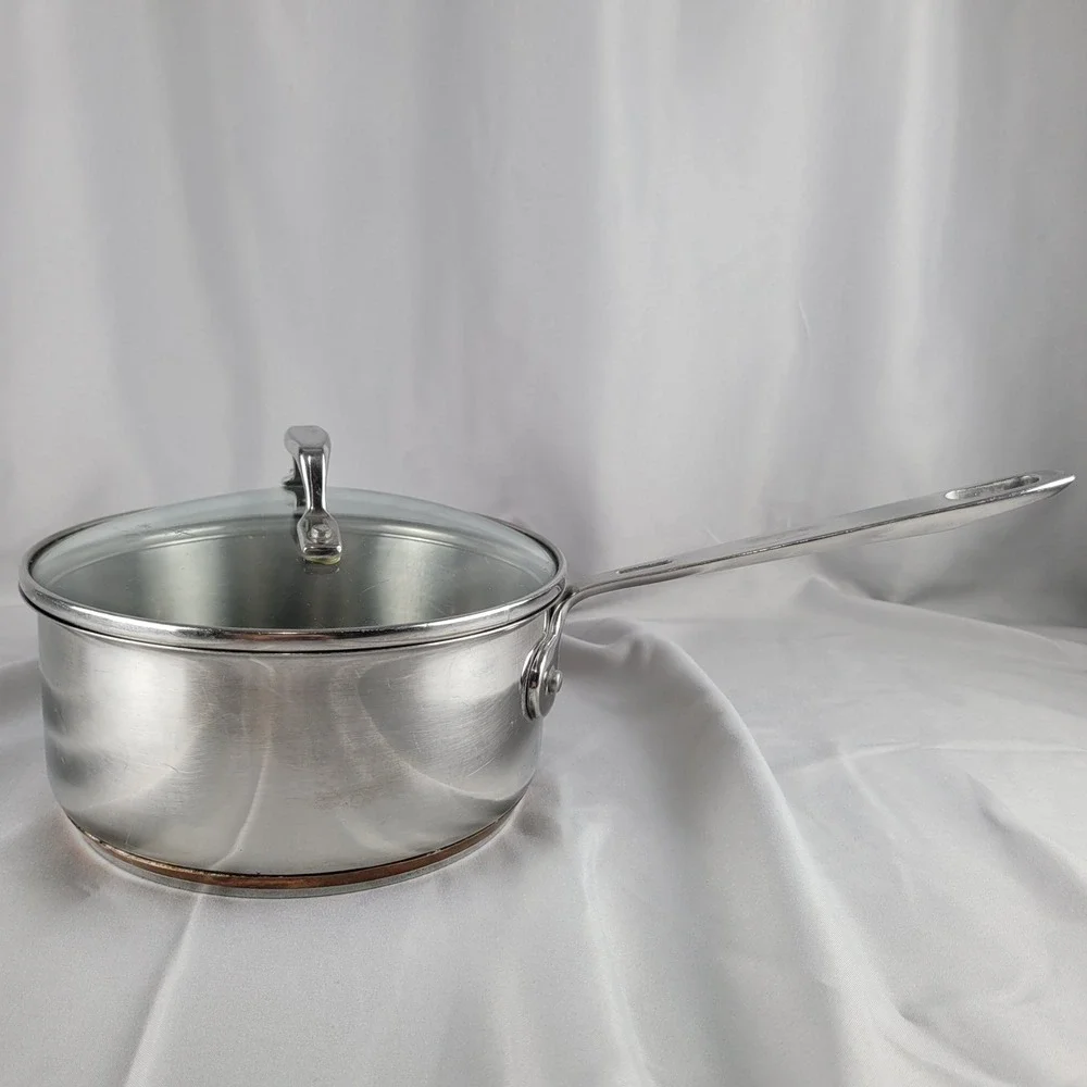 Emeril Saucepan 2Qt Silver Stainless Steel Copper Bonded Base with Glass Lid